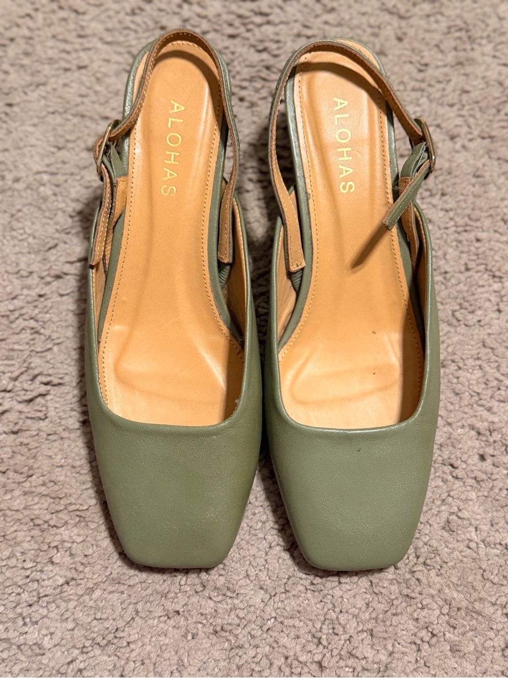 ALOHAS Olive Green Square-Toe Slingback Flats